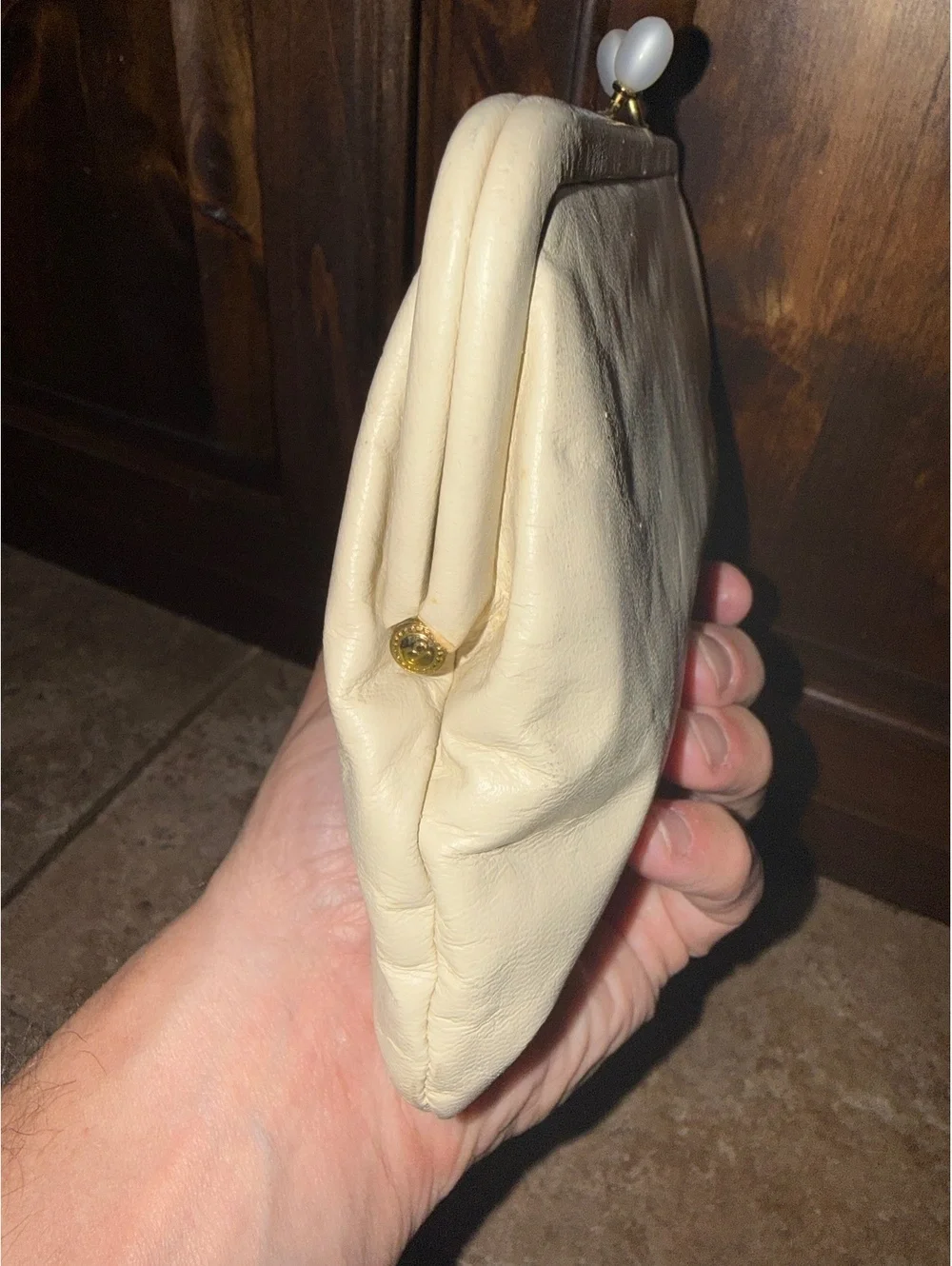 Vintage 1950s Ingber Cream Leather Evening Clutch Purse w/ Original Mirror - MCM